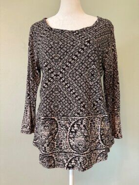 Lucky Brand Black/White Paisley Border Print Long Sleeve Top Size Large